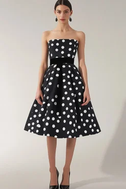 Vestido Verão Sem Alças Midi Linha-A Ponto Branco Preto