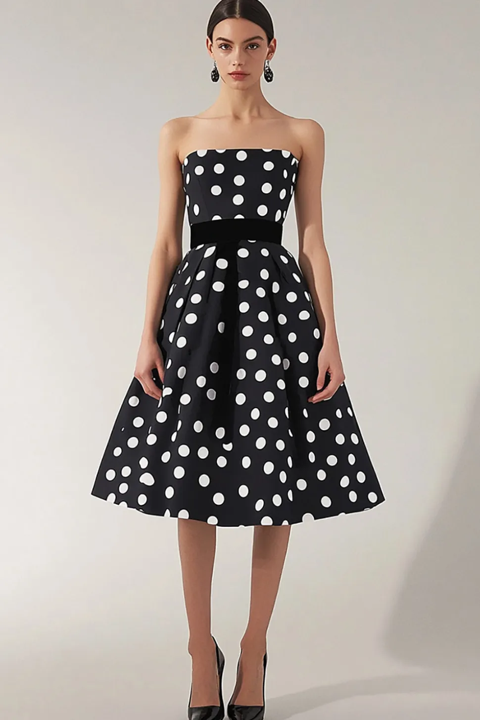 Vestido Verão Sem Alças Midi Linha-A Ponto Branco Preto