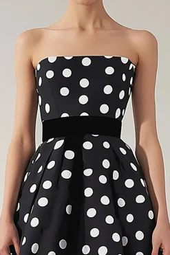 Vestido Verão Sem Alças Midi Linha-A Ponto Branco Preto