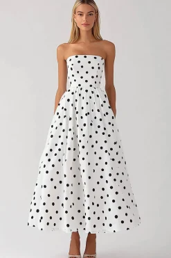 Vestido Verão Sem Alças Midi Ponto Preto Branco Linha-A