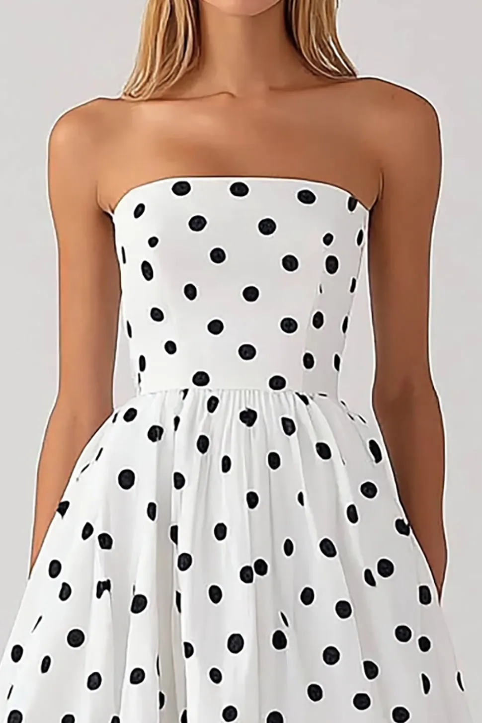 Vestido Verão Sem Alças Midi Ponto Preto Branco Linha-A