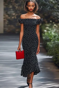 Vestido Verão Sereia Fora O Ombro Longo Ponto Branco Preto
