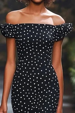 Vestido Verão Sereia Fora O Ombro Longo Ponto Branco Preto