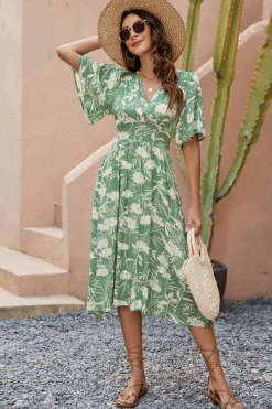 Vestido Verão Verde Decote em V Midi Mangas Curtas