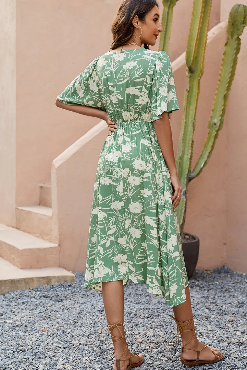 Vestido Verão Verde Decote em V Midi Mangas Curtas