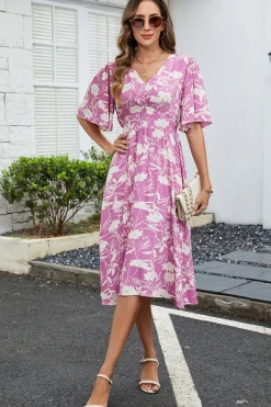 Vestido Verão Verde Decote em V Midi Mangas Curtas