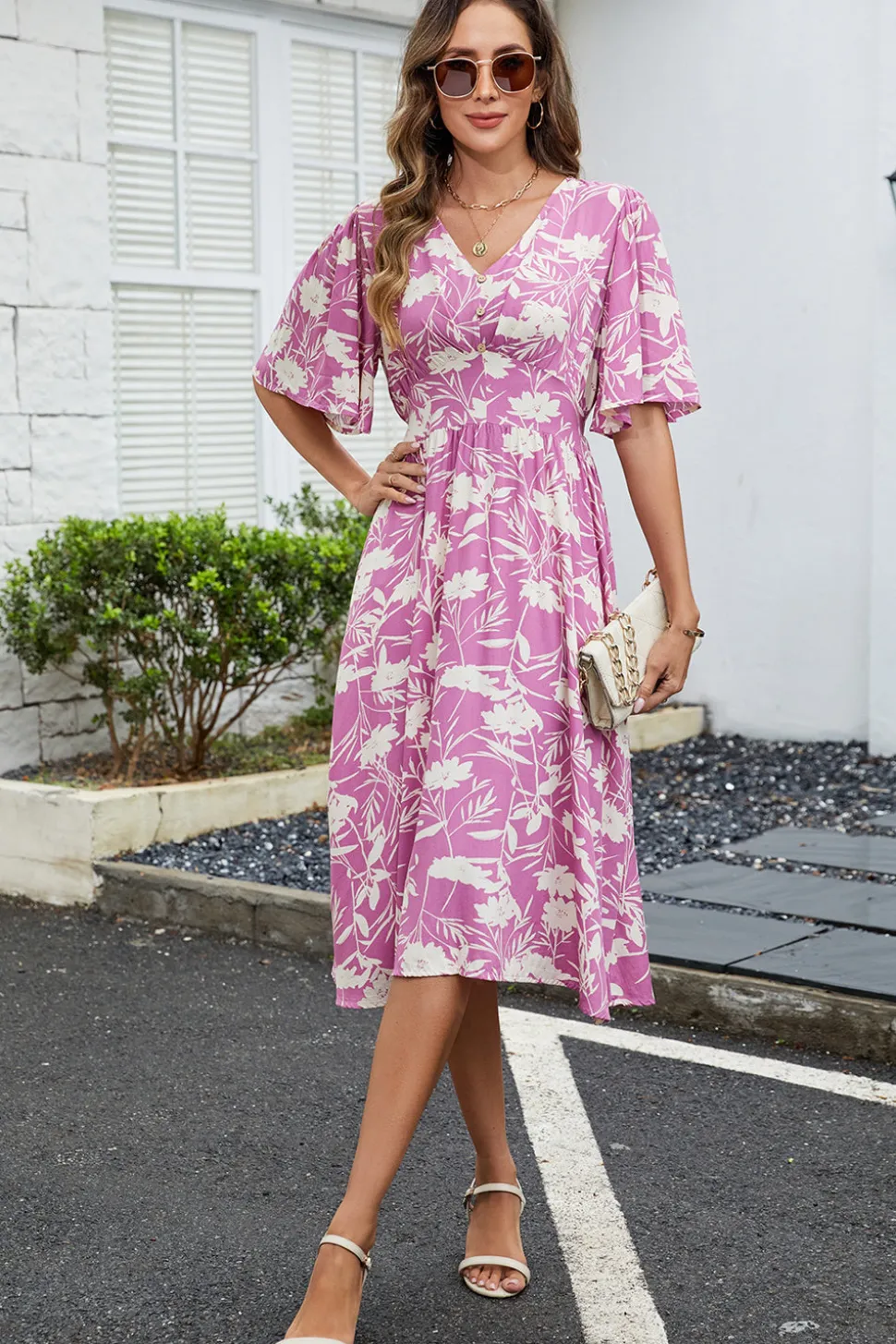 Vestido Verão Verde Decote em V Midi Mangas Curtas