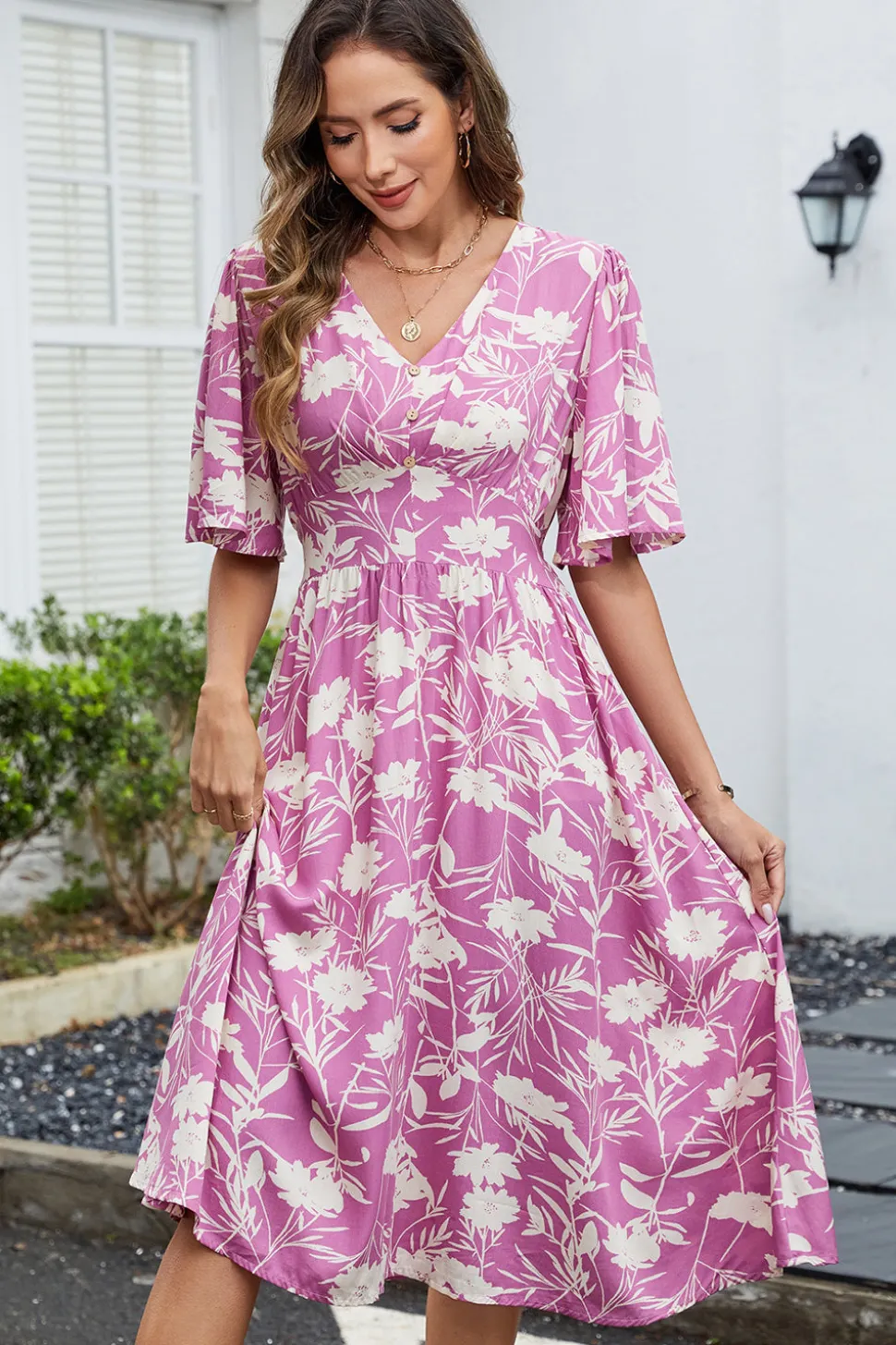Vestido Verão Verde Decote em V Midi Mangas Curtas