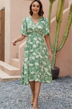 Vestido Verão Verde Decote em V Midi Mangas Curtas