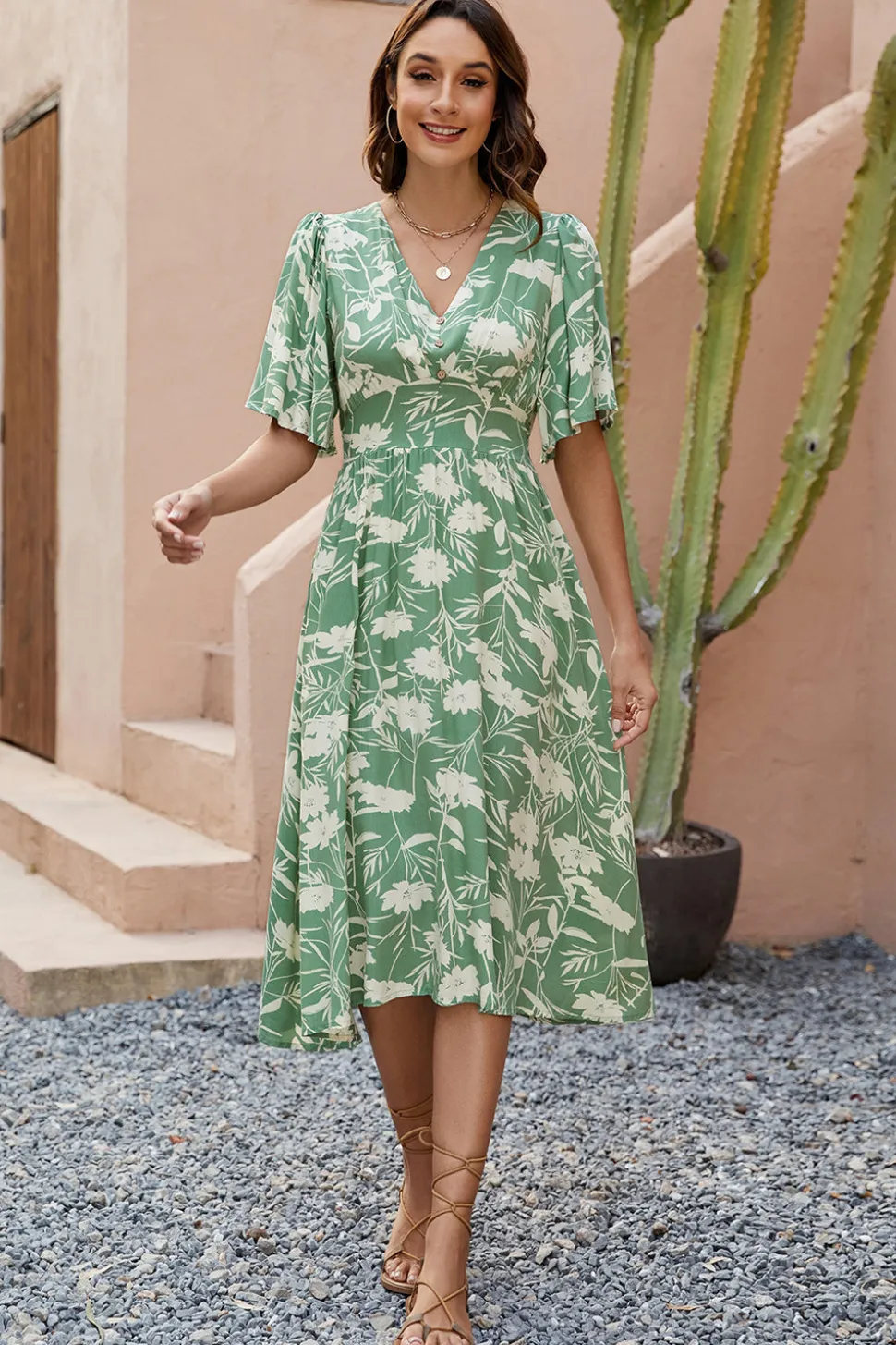Vestido Verão Verde Decote em V Midi Mangas Curtas