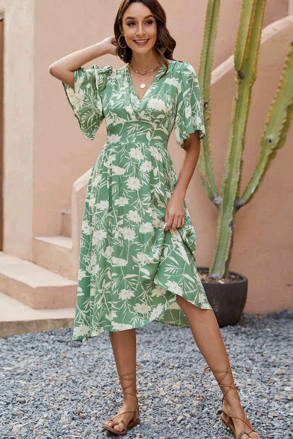 Vestido Verão Verde Decote em V Midi Mangas Curtas