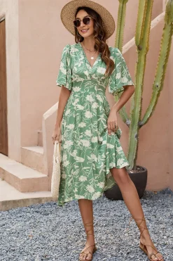 Vestido Verão Verde Decote em V Midi Mangas Curtas
