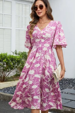 Vestido Verão Verde Decote em V Midi Mangas Curtas