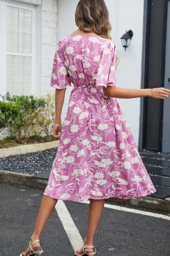 Vestido Verão Verde Decote em V Midi Mangas Curtas