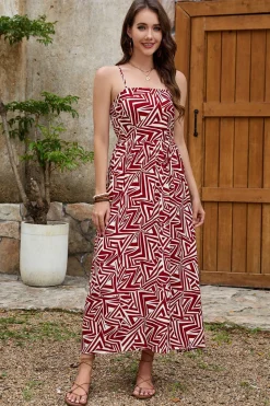 Vestido Verão Vermelho Escuro Alças Finas Midi Linha-A
