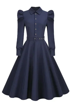 Vestido Vintage Azul Marinha Mangas Compridas