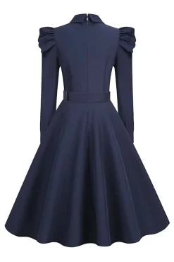 Vestido Vintage Azul Marinha Mangas Compridas