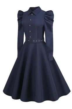 Vestido Vintage Azul Marinha Mangas Compridas