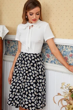 Vestido vintage da Margarida Print Bowknot