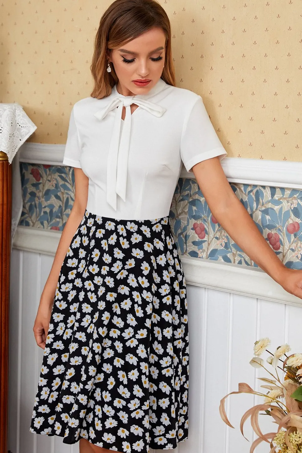 Vestido vintage da Margarida Print Bowknot