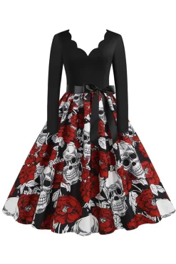 Vestido vintage de manga comprida de crânio de Halloween vermelho
