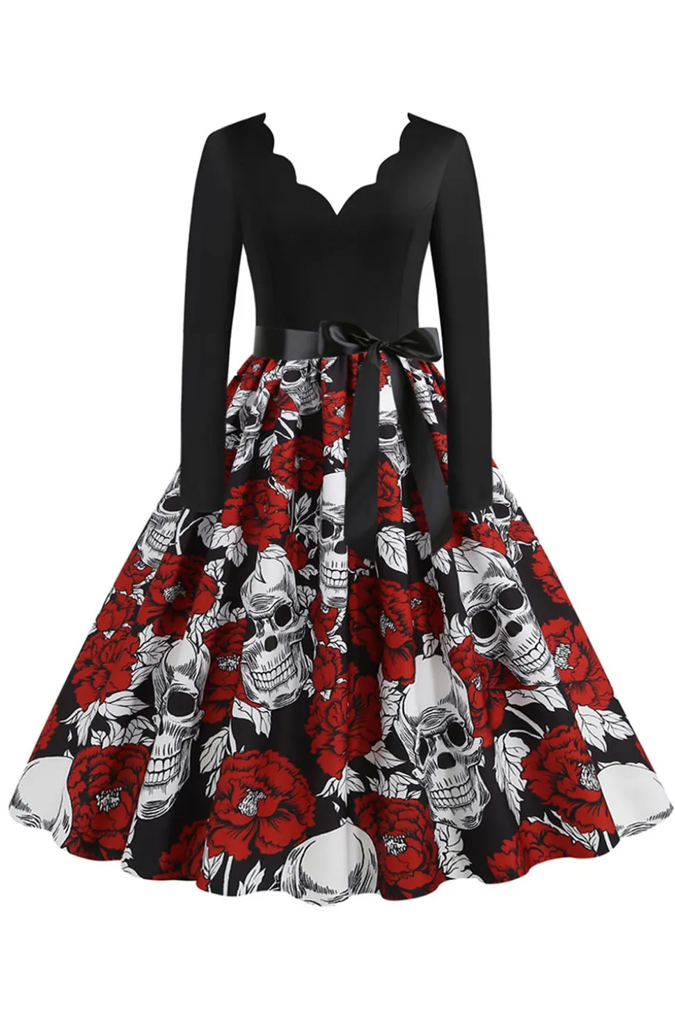 Vestido vintage de manga comprida de crânio de Halloween vermelho