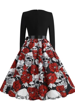 Vestido vintage de manga comprida de crânio de Halloween vermelho