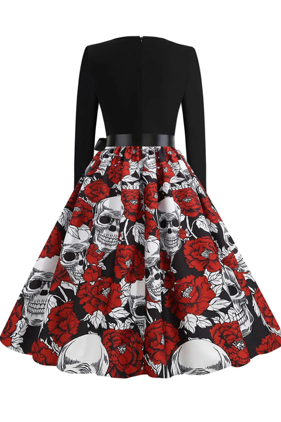 Vestido vintage de manga comprida de crânio de Halloween vermelho
