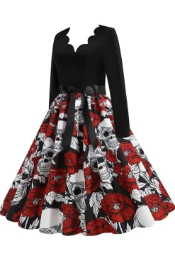 Vestido vintage de manga comprida de crânio de Halloween vermelho