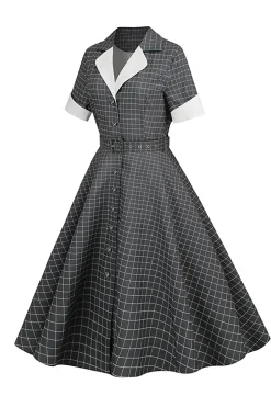 Vestido Vintage de Xadrez Cinza