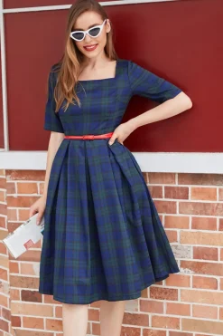 Vestido vintage de xadrez azul verde