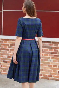 Vestido vintage de xadrez azul verde