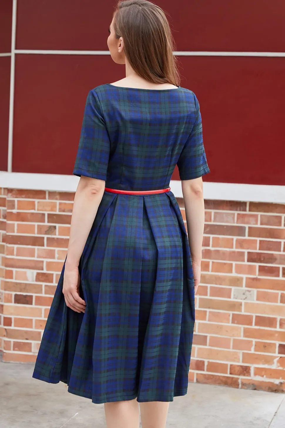 Vestido vintage de xadrez azul verde