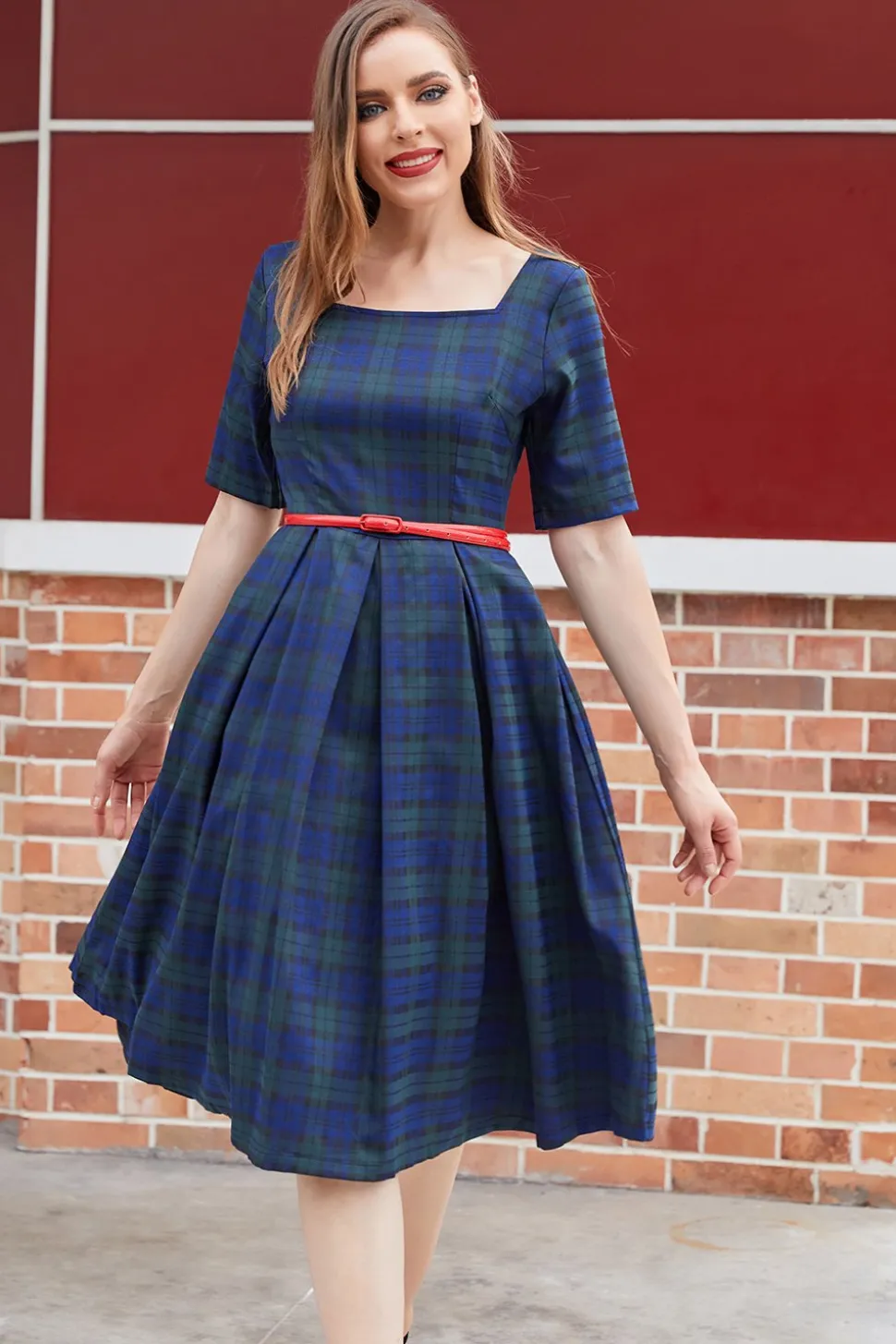 Vestido vintage de xadrez azul verde