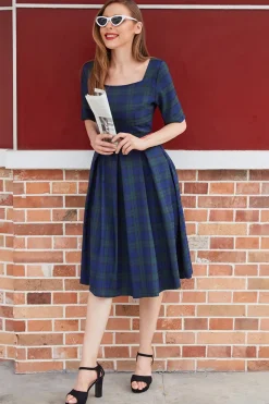 Vestido vintage de xadrez azul verde
