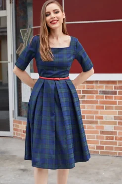 Vestido vintage de xadrez azul verde