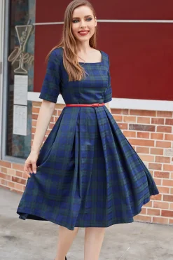 Vestido vintage de xadrez azul verde