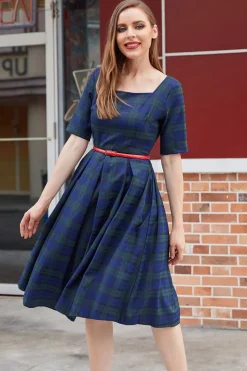 Vestido vintage de xadrez azul verde