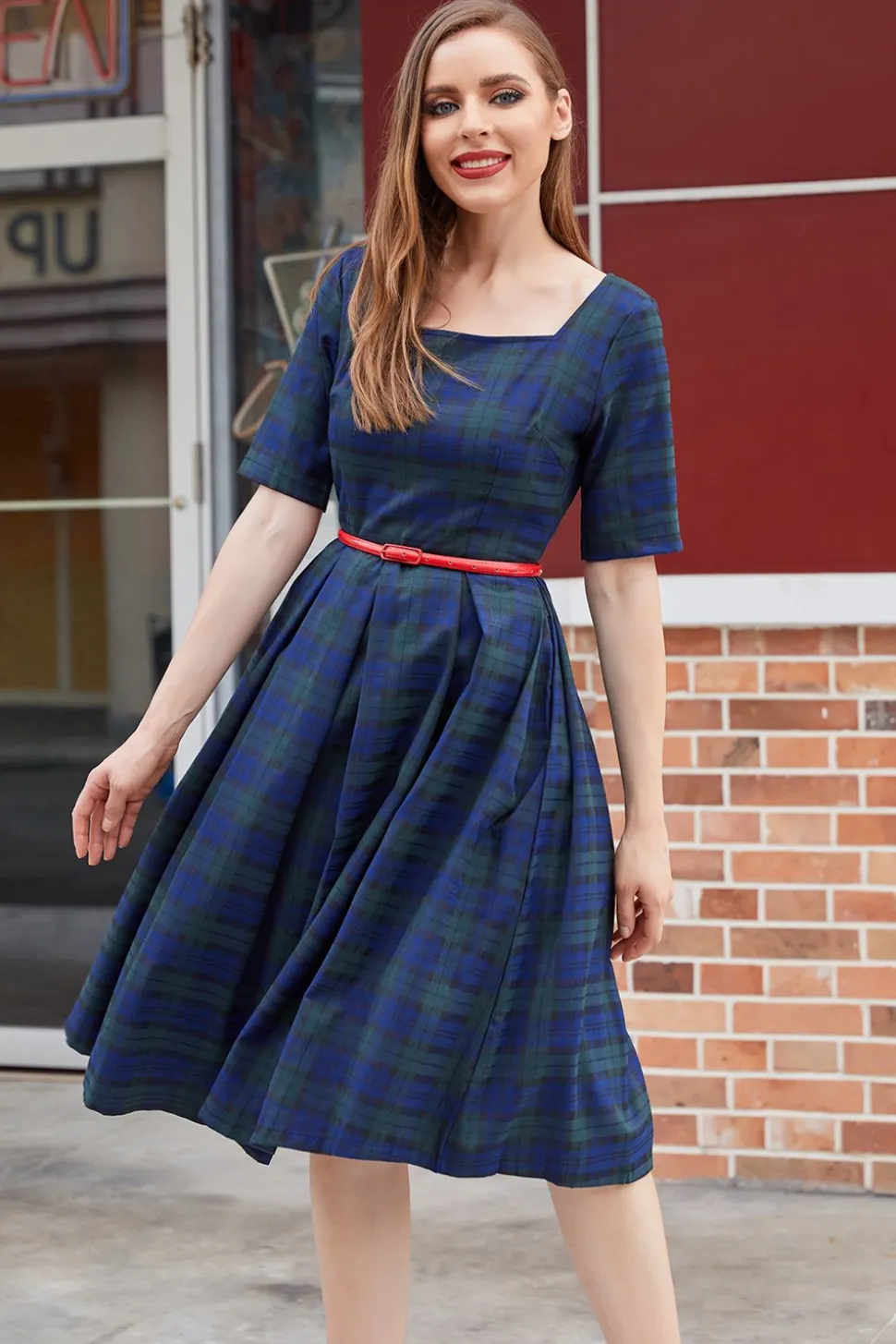 Vestido vintage de xadrez azul verde