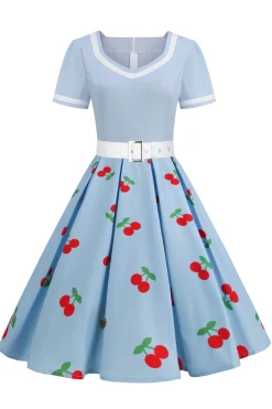 Vestido vintage impresso de cereja azul de 1950