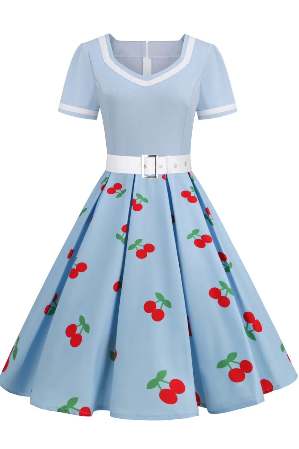 Vestido vintage impresso de cereja azul de 1950