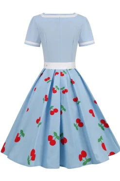 Vestido vintage impresso de cereja azul de 1950