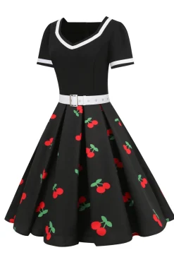 Vestido vintage impresso de cereja azul de 1950