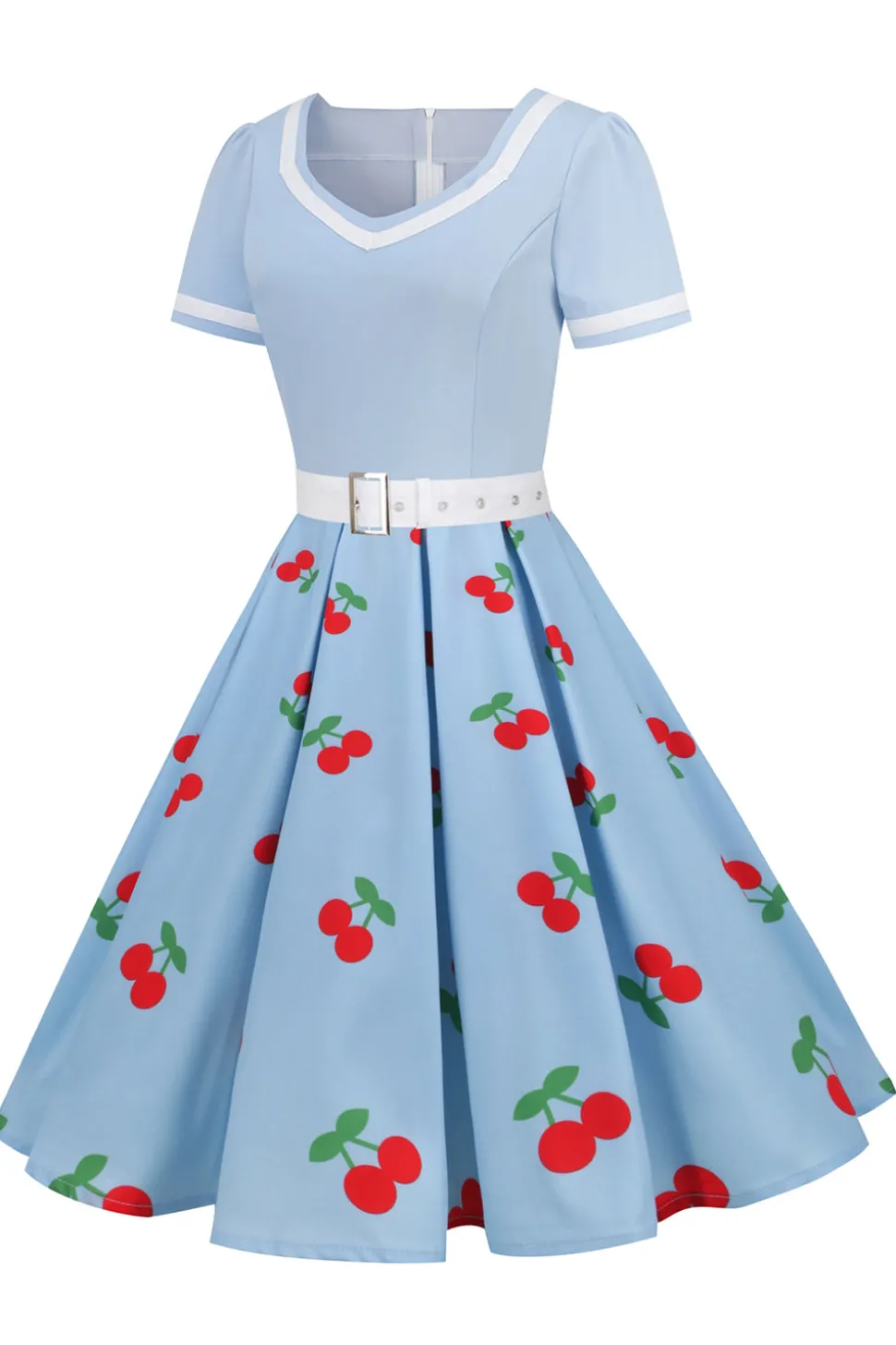 Vestido vintage impresso de cereja azul de 1950