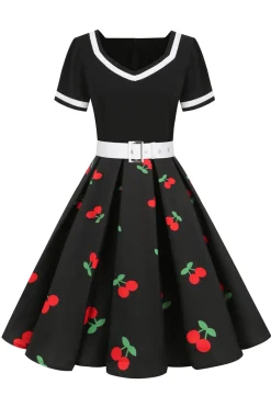 Vestido vintage impresso de cereja azul de 1950