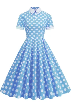 Vestido Vintage Pontos de Polka Mangas Curtas Azul