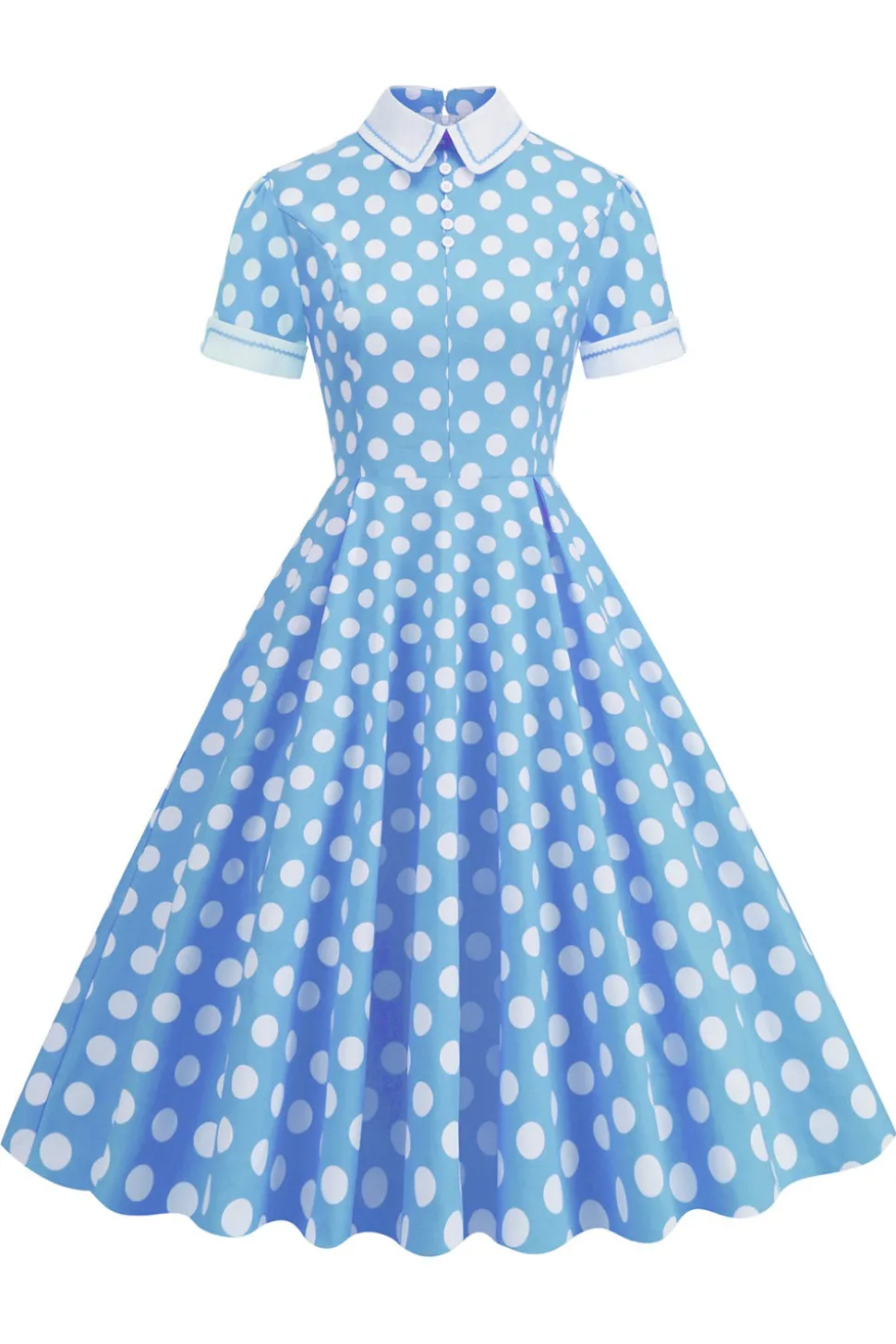 Vestido Vintage Pontos de Polka Mangas Curtas Azul