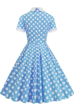 Vestido Vintage Pontos de Polka Mangas Curtas Azul