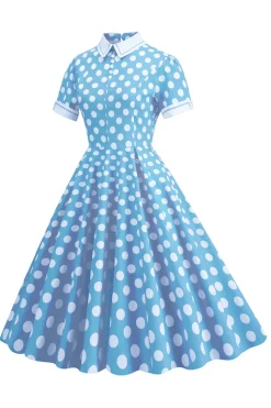 Vestido Vintage Pontos de Polka Mangas Curtas Azul