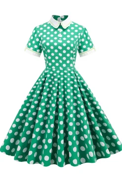 Vestido vintage verde ponto branco com mangas curtas